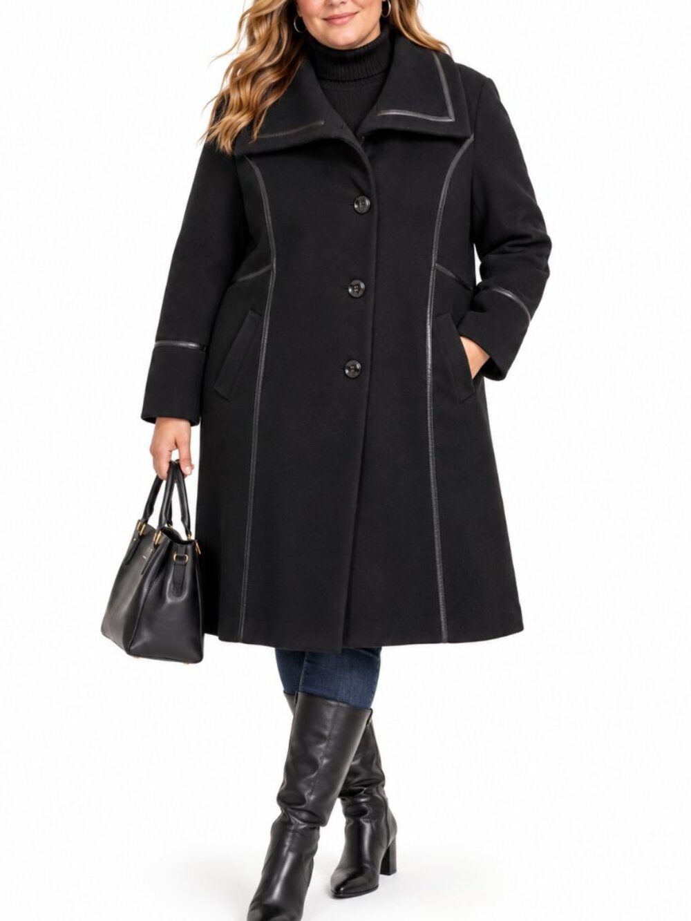JAY Wool & Cashmere Knee Length Coat Black 18, XXL Leather Trim Plus Winter Cozy